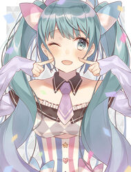  ;d aqua_eyes aqua_hair blush border bow breasts buttons collarbone commentary_request detached_collar female fingernails fingers_to_cheeks hair_ribbon hatsune_miku head_tilt heart heart_button highres long_hair long_sleeves looking_at_viewer medium_breasts minasenagi multicolored_shirt necktie off-shoulder_shirt off_shoulder one_eye_closed open_mouth outside_border partial_commentary photoshop_(medium) pink_bow purple_necktie purple_ribbon ribbon shirt short_necktie sleeves_past_wrists smile solo star_(symbol) star_button striped_clothes striped_shirt triangle_background twintails two-tone_background two-tone_necktie vertical-striped_clothes vertical-striped_shirt very_long_hair vocaloid white_border white_necktie 