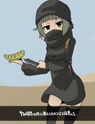  anonymous_(japanese) artist_request breasts check_artist commentary_request covered_mouth dark-skinned_female dark_skin desert female food fruit green_eyes green_hair half-closed_eyes holding holster isis-chan isis_(terrorist_group) jitome knife looking_at_viewer melon meme muslim neta original pointing sand_dune short_hair shoulder_holster sky solo thighhighs translated turban 