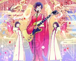  2015 3girls black_hair blue_eyes blue_hair commentary_request electric_guitar gibson_rd guitar instrument japanese_clothes kimono komyu_(masheri) long_hair mole multiple_girls music playing_instrument real_life shiina_ringo short_hair 