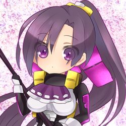  artist_request chibi female female fukushima_masanori kyoukaisenjou_no_horizon long_hair minigirl ponytail purple_eyes purple_hair solo spear weapon 