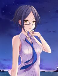  blue_hair blue_necktie cloud commentary earrings female glasses haikimono_shounen hand_up hayami_kanade idolmaster idolmaster_cinderella_girls jewelry lighthouse looking_at_viewer moon necklace necktie ocean parted_bangs parted_lips ribbed_shirt semi-rimless_eyewear shirt short_hair sky sleeveless solo star_(sky) starry_sky symbol-only_commentary white_shirt yellow_eyes 