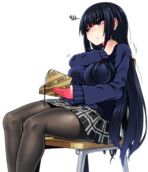  black_eyes black_hair black_pantyhose blush book breasts cardigan chair commentary_request feet_out_of_frame female highres inuyama_kuroe large_breasts long_hair open_book original pantyhose plaid plaid_skirt school_uniform simple_background sitting skirt solo thighband_pantyhose very_long_hair white_background yoshida_hideyuki 