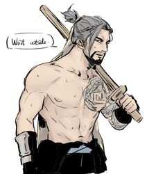  1boy beard facial_hair francishsie hanzo_(overwatch) male_focus overwatch solo_focus steam sweat tattoo topless weapon 