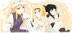  3girls alice_margatroid alternate_costume animal_hood arm_warmers armband bell black_hair blonde_hair blue_eyes blush boots bow breasts capelet closed_eyes commentary_request dress faech glowing glowing_eyes hair_tubes hairbow hakurei_reimu hat hat_ribbon highres holding holding_clothes hood hood_down long_hair long_sleeves looking_at_another medium_breasts mob_cap multiple_girls open_mouth pillow purple_eyes ribbon sheep_hood short_hair sitting snowing tabard talking tongue touhou under_covers white_background white_dress wide_sleeves yakumo_yukari yawning 