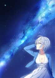  anastasia_(idolmaster) blue_eyes blue_jacket breasts cleavage collarbone commentary dress earrings eyelashes female grey_hair haikimono_shounen hand_in_own_hair idolmaster idolmaster_cinderella_girls jacket jewelry looking_up medium_breasts milky_way nebula necklace night night_sky open_clothes open_jacket short_hair sky solo star_(sky) starry_sky symbol-only_commentary white_dress 