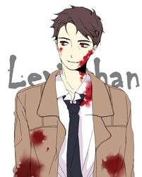  1boy blood brown_hair castiel neck_tie necktie red_eyes solo supernatural_(tv_series) text trench_coat 