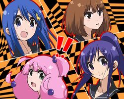  4girls absurdres ahoge alpaca_hair_ornament bandou_marimo blue_eyes blue_hair brown_eyes brown_hair commentary green_eyes hair_bobbles hair_ornament head_only highres long_hair multiple_girls oshimoto_yuri parody patterned_background persona persona_4 pink_hair piyo_(p_i_y_o) red_ribbon ribbon sailor_collar shinjou_kanae_(teekyuu) short_hair split_screen takamiya_nasuno teekyuu 