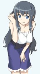  black_hair blue_eyes breasts cheshigom cleavage commentary_request female large_breasts leaning_forward long_hair makishima_saori no_eyewear ore_no_imouto_ga_konna_ni_kawaii_wake_ga_nai skirt smile solo 