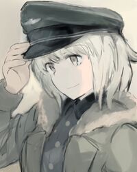  blonde_hair brown_eyes coat commentary_request dress_shirt female fur_trim hand_on_headwear hat huberta_von_bonin long_sleeves military military_uniform paint.net_(medium) peaked_cap shiraba_(sonomama_futene) shirt short_hair smile solo uniform upper_body world_witches_series 