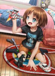  +_+ abazu-red arm_support bag bed bedroom black_king_(ultra_series) black_shirt black_socks blue_eyes brown_hair brown_shorts casual clothes_writing commentary_request dutch_angle female girls_und_panzer highres holding holding_toy indoors kaette_kita_ultraman open_mouth pillow playing print_shirt sakaguchi_karina shirt short_hair shorts sitting smile socks solo stuffed_animal stuffed_toy t-shirt teddy_bear toy toy_car toy_gun twitter_username ultra_series ultraman ultraman_(1st_series) wariza window wooden_floor 