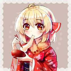  ahoge alternate_costume blonde_hair blush bowl brown_background chilia012 chopsticks commentary_request eating female food food_in_mouth fur-trimmed_kimono fur_collar fur_trim hair_between_eyes hair_ribbon highres holding holding_bowl japanese_clothes kimono long_sleeves looking_at_viewer mochi mochi_trail obi print_kimono red_eyes red_kimono red_ribbon ribbon rumia sash short_hair solo tareme touhou upper_body wagashi wide_sleeves 