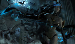  3boys armor bare_shoulders bat_(animal) bat_hair_ornament bat_ornament bikini_armor black_gloves black_hair black_panties blue_eyes blue_hair breasts cathedral cleavage commentary crystal english_commentary evelynn_(league_of_legends) female finger_claws fingernails full_armor gloves glowing glowing_eyes glowing_hair hair_ornament indoors league_of_legends long_hair looking_at_another looking_to_the_side medium_breasts moonlight multiple_boys navel panties sangsoo_jeong shadow_evelynn sharp_fingernails stomach thighs underwear 