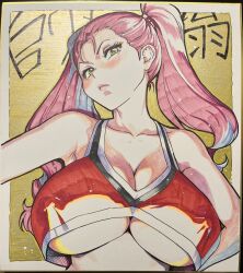 bare_shoulders blush breasts character_request cleavage crop_top disdain female green_eyes highres large_breasts long_hair looking_at_viewer marker_(medium) nudist_beach_ni_shuugakuryokou_de!! photo_(medium) pink_hair shikishi shiwasu_no_okina solo traditional_media underboob upper_body 