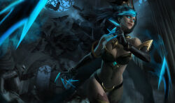  3boys armor bare_shoulders bat_(animal) bat_hair_ornament bat_ornament bikini_armor black_gloves black_hair black_panties blue_eyes blue_hair breasts cathedral cleavage commentary crystal english_commentary evelynn_(league_of_legends) female finger_claws fingernails full_armor gloves glowing glowing_eyes glowing_hair hair_ornament indoors league_of_legends long_hair looking_at_another looking_to_the_side medium_breasts moonlight multiple_boys navel panties sangsoo_jeong shadow_evelynn sharp_fingernails smile stomach thighs underwear 