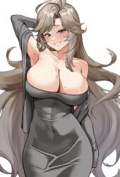  absurdres aged_up alternate_hair_length alternate_hairstyle arm_behind_head armpits bare_shoulders breasts brown_hair cardigan cleavage covered_navel dongtan_dress elsword female green_eyes grin highres large_breasts light_blush lithia_beryl_(elsword) long_sleeves meme_attire mole mole_on_breast nsd_(neangsadu) open_cardigan open_clothes rima_clavis_(elsword) smile solo sweatdrop 