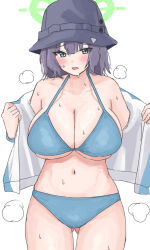  bikini black_hat blue_archive blue_bikini blue_eyes blush breasts bucket_hat cleavage commentary_request female green_halo halo hat highres large_breasts official_alternate_costume open_mouth purple_hair saki_(blue_archive) saki_(swimsuit)_(blue_archive) short_hair simple_background solo sweat sweatdrop swimsuit tsumayouji_(tumayog) white_background 