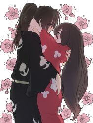  1boy ass black_hair black_kimono blush brown_eyes dororo_(tezuka) eye_contact female flower hair_between_eyes hand_on_another&#039;s_ass highres hug hyakkimaru_(dororo) japanese_clothes kimono long_hair looking_at_another mio_(dororo) ponytail red_kimono straight white_background wide_sleeves yamatomoti 