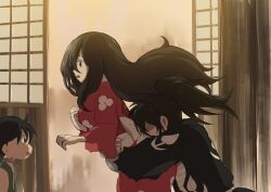  1boy 2girls black_eyes black_hair black_kimono dororo_(tezuka) hug hug_from_behind hyakkimaru_(dororo) indoors japanese_clothes kimono long_hair mio_(dororo) multiple_girls open_mouth ponytail red_kimono shouji sliding_doors straight yamatomoti 