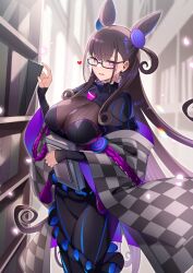  absurdres black_dress blush book bookshelf breasts brown_hair checkered_clothes checkered_kimono cleavage cone_hair_bun dress fate/grand_order fate_(series) female gem glasses grey_kimono hair_bun hair_ornament highres japanese_clothes juliet_sleeves kimono large_breasts long_hair long_sleeves looking_at_viewer murasaki_shikibu_(fate) murasaki_shikibu_(second_ascension)_(fate) off_shoulder open_mouth puff_and_slash_sleeves puffy_sleeves purple_eyes purple_gemstone rope rumo see-through see-through_cleavage smile solo two_side_up very_long_hair wide_sleeves 