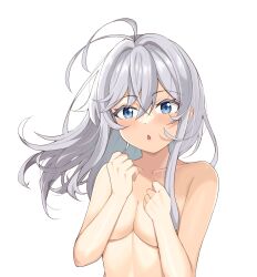  86_-eightysix- antenna_hair blue_eyes blush breasts chestnut_mouth cleavage clenched_hands collarbone colored_eyelashes commentary_request covering_breasts covering_privates crossed_bangs female floating_hair grey_hair hair_between_eyes hands_up highres long_hair looking_at_viewer medium_breasts midriff nude open_mouth ray_(rays_26) simple_background solo tsurime upper_body vladilena_millize white_background 