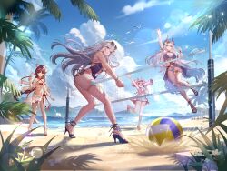  4girls absurdres anka_(tower_of_fantasy) ass beach beach_volleyball bikini black_footwear blue_bikini bracelet brown_hair character_request cloud day eyewear_on_head flower_thigh_strap flower_wreath food glasses grey_eyes high_heels highres holding holding_food holding_ice_cream holding_megaphone horns ice_cream jewelry jumping long_hair megaphone multicolored_hair multiple_girls navel one-piece_swimsuit outdoors palm_tree pink_eyes pink_footwear pink_hair pleated_skirt purple_eyes purple_one-piece_swimsuit red_bikini red_eyes red_footwear red_hair sandals skirt sky swimsuit thigh_strap thighhighs tower_of_fantasy tree two-tone_hair volleyball_net white_hair white_thighhighs yolanda 