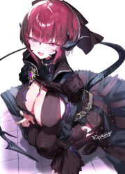  :d absurdres au_ra black_dress black_thighhighs blush bow breasts covered_nipples dress female final_fantasy final_fantasy_xiv hairbow highres horns huge_breasts jewelry looking_at_viewer monster_girl necklace oerba_yun_fang purple_eyes red_hair scales shikina_(mochigushi_) signature skin_fang smile solo squatting tail thighhighs v warrior_of_light_(ff14) 