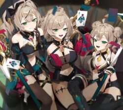  3girls breasts brown_hair cleavage criss-cross_halter crop_top cynical_sneer_(elsword) double_bun elbow_gloves elsword feet_out_of_frame floating_card gloves green_eyes hair_bun halterneck highres holding holding_staff knee_up laebim_c large_breasts lithia_beryl_(elsword) long_hair medium_breasts multiple_girls multiple_persona open_mouth partially_fingerless_gloves ponytail short_shorts shorts single_thighhigh sitting staff suspender_shorts suspenders thigh_strap thighhighs twintails wariza 