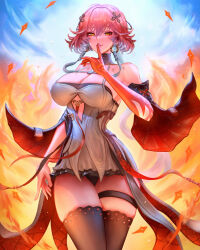  bare_shoulders black_collar black_sleeves black_thighhighs body_markings braid breasts changli_(wuthering_waves) cleavage collar colored_extremities commentary detached_sleeves dress female finger_to_mouth fire hair_between_eyes hair_extensions hair_ornament halterneck highres large_breasts long_hair looking_at_viewer mcdobo multicolored_hair parted_lips pink_hair red_hands shushing smile solo thigh_strap thighhighs twin_braids two-tone_hair very_long_hair white_dress white_hair wuthering_waves yellow_eyes 