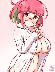  ahoge artist_logo blush breasts cleavage collared_shirt dress_shirt female glasses gradient_background green_hair kanon_(kurogane_knights) kantai_collection large_breasts logo long_sleeves multicolored_hair navel no_panties nose_blush one-hour_drawing_challenge open_clothes open_shirt out-of-frame_censoring pink-framed_eyewear pink_background pink_hair ponytail round_eyewear shirt short_hair solo streaked_hair ume_(kancolle) white_shirt 