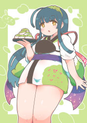  beans brown_eyes female food green_background green_hair green_kimono hairband highres japanese_clothes kimono long_hair looking_at_viewer numazoko_namazu obon red_ribbon ribbon simple_background sweets touhoku_zunko voiceroid voicevox zunda_mochi zundamon 