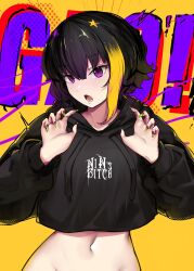  black_hair black_hoodie blonde_hair borrowed_character bottomless breasts claw_pose clothes_writing collarbone crop_top cropped_hoodie drawstring female fingernails hair_ornament highres hood hood_down hoodie long_fingernails long_sleeves looking_at_viewer midriff multicolored_hair multicolored_nails nail_polish navel nin_fake open_mouth original out-of-frame_censoring purple_eyes short_hair solo star_(symbol) star_hair_ornament stomach streaked_hair teeth text_background two-tone_hair upper_body yellow_background yellow_nails 