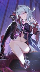  ;) absurdres black_thighhighs bow bowtie commentary crop_top cup drinking_glass female from_below high_heels highres holding holding_cup honkai_(series) honkai_impact_3rd indoors long_hair micro_shorts midriff navel one_eye_closed purple_bow purple_bowtie purple_eyes shorts single_thighhigh sitting sitting_on_stairs smile solo spectacled_snake stairs thelema_nutriscu thelema_nutriscu_(mad_pleasure:_shadowbringer) thighhighs thighs white_hair wine_glass 