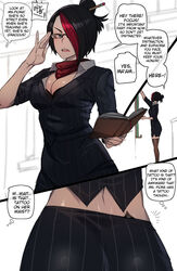  2020 academy_series book classroom cleavage cleavage_cutout clothed color colored dark_hair dominatrix female fiora_laurent glasses headmistress_fiora interracial league_of_legends mr.skull pencil queen_of_spades ratatatat74 red_hair riot_games short_skirt skirt solo tattoo teacher text thick_thighs 