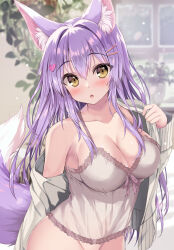  :o animal_ear_fluff animal_ears bare_shoulders blurry blurry_background bottomless breasts brown_eyes camisole cleavage collarbone commentary_request depth_of_field female fox_ears fox_girl fox_tail grey_camisole grey_jacket groin hair_between_eyes hair_ornament hairclip hand_up heart heart_hair_ornament indoors jacket large_breasts long_hair long_sleeves looking_at_viewer off_shoulder open_clothes open_jacket original out-of-frame_censoring parted_lips purple_hair solo tail tateha_(marvelous_grace) very_long_hair 
