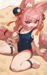  absurdres ahoge animal_ear_fluff animal_ears ankle_strap beach blush braid breasts bright_pupils buck_teeth commentary_request covered_navel ear_piercing female furry furry_female highres long_hair looking_at_viewer one-piece_swimsuit piercing pink_fur pink_hair pulling_own_clothes rabbit_ears rabbit_girl rabbit_tail red_eyes sand shortstack sitting small_breasts smile solo starfish swimsuit tail teasing teeth thick_eyebrows thick_thighs thigh_strap thighs twin_braids unfinished very_long_hair wariza water wet white_fur white_pupils xmfranz zenless_zone_zero zhao_(zenless_zone_zero) 