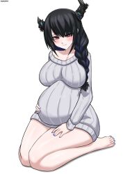 alternate_costume asymmetrical_horns black_dress black_hair black_horns black_nails blue_hair braid breasts colored_inner_hair demon_horns dress female highres hololive hololive_english horns large_breasts long_hair multicolored_hair nerissa_ravencroft pregnant red_eyes shadowfix single_braid smile solo sweater uneven_horns virtual_youtuber white_sweater 