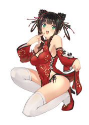  :d bare_shoulders black_panties blush breasts chinese_clothes cleavage_cutout clothes_lift clothing_cutout commentary_request cone_hair_bun covered_navel detached_sleeves double_bun dress dress_lift female finger_to_cheek green_eyes hair_bun hair_ornament hair_rings high_heels highres lifting_own_clothes looking_at_viewer mandarin_collar merchandise_available official_art open_mouth original panties pelvic_curtain print_dress qipao red_dress red_sleeves short_hair short_hair_with_long_locks side-tie_panties side_slit sidelocks simple_background small_breasts smile solo squatting super_zombie tassel tassel_hair_ornament teeth thighhighs underwear upper_teeth_only white_background white_thighhighs 