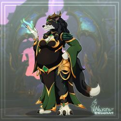  1:1 3_toes absurd_res anthro belly big_belly black_body black_fur black_hair black_nose blizzard_entertainment bottomwear breasts canid cleavage clothed clothed_anthro clothed_female clothing feet female fingers fur hair hi_res hindpaw horn huge_belly humanoid_hands mammal multicolored_body multicolored_fur pants paws pregnant pregnant_anthro pregnant_female solo tail toes two_tone_body two_tone_fur visage_form warcraft wavorn werecanid werecreature white_body white_fur worgen 