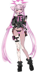  black_sleeves blue_archive boots bow_ring cellphone clothes_lift commentary cone_hair_bun detached_sleeves female fishnet_thighhighs fishnets frilled_shoes full_body hair_bun hair_ornament hairclip halo hato_haru heart_ornament highres holding holding_phone jirai_kei karen_(blue_archive) lifting_own_clothes long_hair multiple_hairclips panties phone pink_panties pink_ribbon pink_wings pointy_ears purple_eyes purple_halo ribbon shirt single_fishnet_legwear skirt skirt_lift smartphone standing thighhighs twintails twintails_with_hair_base underwear untranslatable_commentary wings 