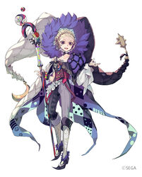  1boy asymmetrical_legwear black_footwear blonde_hair collarbone crown dice facial_mark fingernails frills fur-trimmed_hood fur_trim gin_(oyoyo) hair_slicked_back headgear headphones highres holding holding_staff hood hood_up idola_phantasy_star_saga male_focus mismatched_legwear official_art open_mouth phantasy_star phantasy_star_online_2 photoshop_(medium) pointy_footwear purple_eyes simple_background solo staff standing striped teeth theater_(idola) tongue upper_teeth_only white_background 