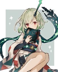  blush book border covering_own_mouth female green_hair hair_ornament hairclip highres holding holding_book japanese_clothes kimono little_match_girl_(sinoalice) looking_at_viewer merry-san red_eyes scarf short_hair simple_background sinoalice sitting solo sparkle 