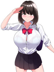  arm_up bag black_hair black_skirt blue_bra bow bowtie bra bra_peek breasts brown_eyes closed_mouth collarbone collared_shirt cowboy_shot female highres kurorettsu large_breasts looking_at_viewer mole mole_under_eye original pleated_skirt salute school_bag school_uniform see-through shirt short_hair simple_background skirt smile solo standing underwear white_background white_shirt 