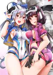  2girls adapted_costume alternate_color alternate_costume ass black_hair blue_bow blue_jacket blue_one-piece_swimsuit bow breasts clothes_writing commentary cosplay cowboy_shot fate/grand_order fate_(series) ganesha_(fate) grey_hair head-mounted_display highleg highleg_swimsuit highres jacket jinako_carigiri large_breasts long_hair matching_outfits medium_breasts multicolored_clothes multicolored_swimsuit multiple_girls one-piece_swimsuit osakabehime_(fate) ponytail purple_jacket purple_one-piece_swimsuit red_eyes romaji_text sezok short_sleeves standing swimsuit tomoe_gozen_(fate) tomoe_gozen_(swimsuit_saber)_(fate) tomoe_gozen_(swimsuit_saber)_(fate)_(cosplay) tomoe_gozen_(swimsuit_saber)_(first_ascension)_(fate) two-tone_swimsuit very_long_hair white_one-piece_swimsuit 