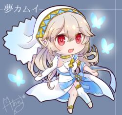  anklet asymmetrical_legwear azura_(fire_emblem) azura_(fire_emblem)_(cosplay) barefoot blue_butterfly bug butterfly chibi choker corrin_(female)_(adrift)_(fire_emblem) corrin_(female)_(fire_emblem) corrin_(fire_emblem) cosplay dress female fire_emblem fire_emblem_fates fire_emblem_heroes jewelry long_hair nekomikoalice open_mouth pointy_ears red_eyes signature simple_background solo uneven_legwear veil white_dress white_hair 