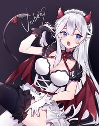  :o black_gloves bow breasts character_name cleavage demon_girl demon_horns demon_wings dress female gloves highres himey horns looking_to_the_side maid_headdress medium_breasts oerba_yun_fang open_mouth pointy_ears skin_fang solo thighhighs vei_(vtuber) vei_(vtuber)_(4th_costume) virtual_youtuber vshojo white_bow white_dress white_gloves white_hair wings 