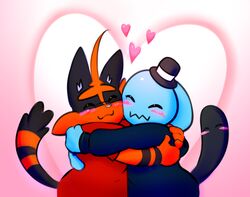  anthro anthrofied blush closed_eyes clothed clothing duo elpatrixf felid generation_2_pokemon generation_7_pokemon heart_symbol honwuffet hug love male male/male mammal nintendo pokemon pokemon_(species) smile torracat torrapat wobbuffet 