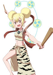  :d afro_puffs animal_print bikini blonde_hair brown_bikini brown_eyes chest_jewel commentary_request double_bun drum drumsticks electra_(xenoblade) female hagoromo hair_bun holding holding_drumsticks horns instrument kageyasu looking_at_viewer navel open_mouth pointy_ears shawl simple_background smile solo stomach swimsuit tiger_print white_background xenoblade_chronicles_(series) xenoblade_chronicles_2 