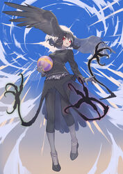  ball beachball bird_girl bird_tail bird_wings black_hair black_jacket black_pants black_skirt don3 female flying frilled_shirt frills from_below gloves hair_tie head_wings high_collar highres jacket kemono_friends long_sleeves midair pants red_eyes shirt short_hair skirt solo tail tri_tails white_gloves wings yatagarasu_(kemono_friends) 