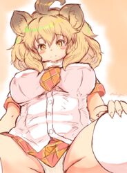  ahoge animal_ear_fluff animal_ears blonde_hair blush breasts buttons closed_mouth commentary_request female from_below hair_between_eyes highres huge_ahoge kemono_friends large_breasts lion_(kemono_friends) long_hair looking_at_viewer ooba_jun outline panties shirt short_sleeves signature skirt smile solo thighs underwear white_legwear white_outline white_panties white_shirt yellow_eyes 