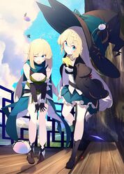  2girls ahoge aizawa_azusa benio_(dontsugel) blonde_hair blue_eyes blush boots braid breasts cleavage coat dress elbow_gloves elf gloves halkara_(slime_taoshite_300_nen) hat highres large_breasts long_hair multiple_girls official_art one_eye_closed pointy_ears puffy_sleeves skirt sleeveless slime_(creature) slime_taoshite_300_nen_shiranai_uchi_ni_level_max_ni_nattemashita squiggle very_long_hair witch_hat |_| 